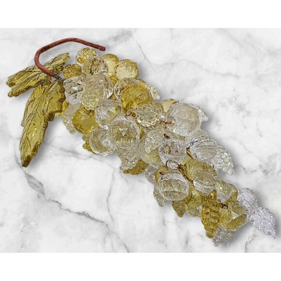 Vintage Lucite Grapes Faceted Green Clear Cluster Wired Stem MCM Decor EUC - Picture 1 of 7